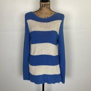 Chico’s Tunic Sweater Size 1 US M  Open Knit Color Block Blue and Beige